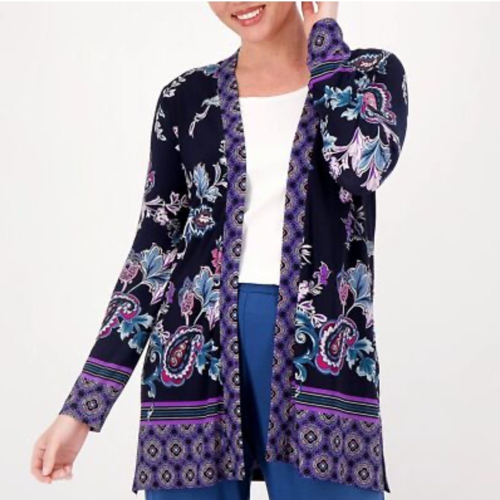 Susan Graver Women’s Liquid Knit Open-front cardigan paisley/floral print NEW